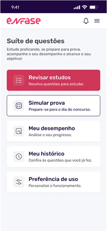 Tela inicial da suíte de questões, com opções para revisar estudos, simular prova, ver desempenho, histórico e preferências de uso.