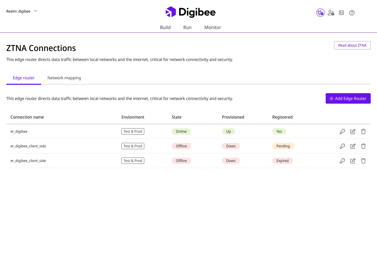 A interface apresenta uma tabela com três conexões listadas, exibindo colunas de nome, ambiente, estado, provisionamento e registro. Um dos edge routers está online e ativo, enquanto dois aparecem offline, com status “pending” e “expired”. No canto superior direito, há um botão roxo “Add Edge Router” e abas para alternar entre “Edge router” e “Network mapping”.