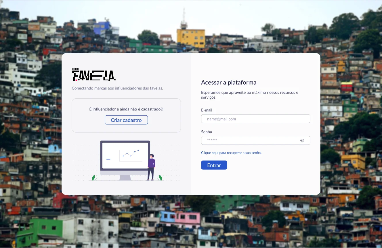 Imagem da tela de login da plataforma "Digital Favela". Ao fundo, uma foto panorâmica de uma favela. No centro, um card branco exibe o logo da plataforma e a frase "Conectando marcas aos influenciadores das favelas". À direita, a seção "Acessar a plataforma" com campos para E-mail e Senha e um botão azul "Entrar". À esquerda, a pergunta "É influenciador e ainda não é cadastrado?!" com um botão "Criar cadastro" logo abaixo, acompanhado por uma ilustração de um personagem ao lado de um monitor com um gráfico.